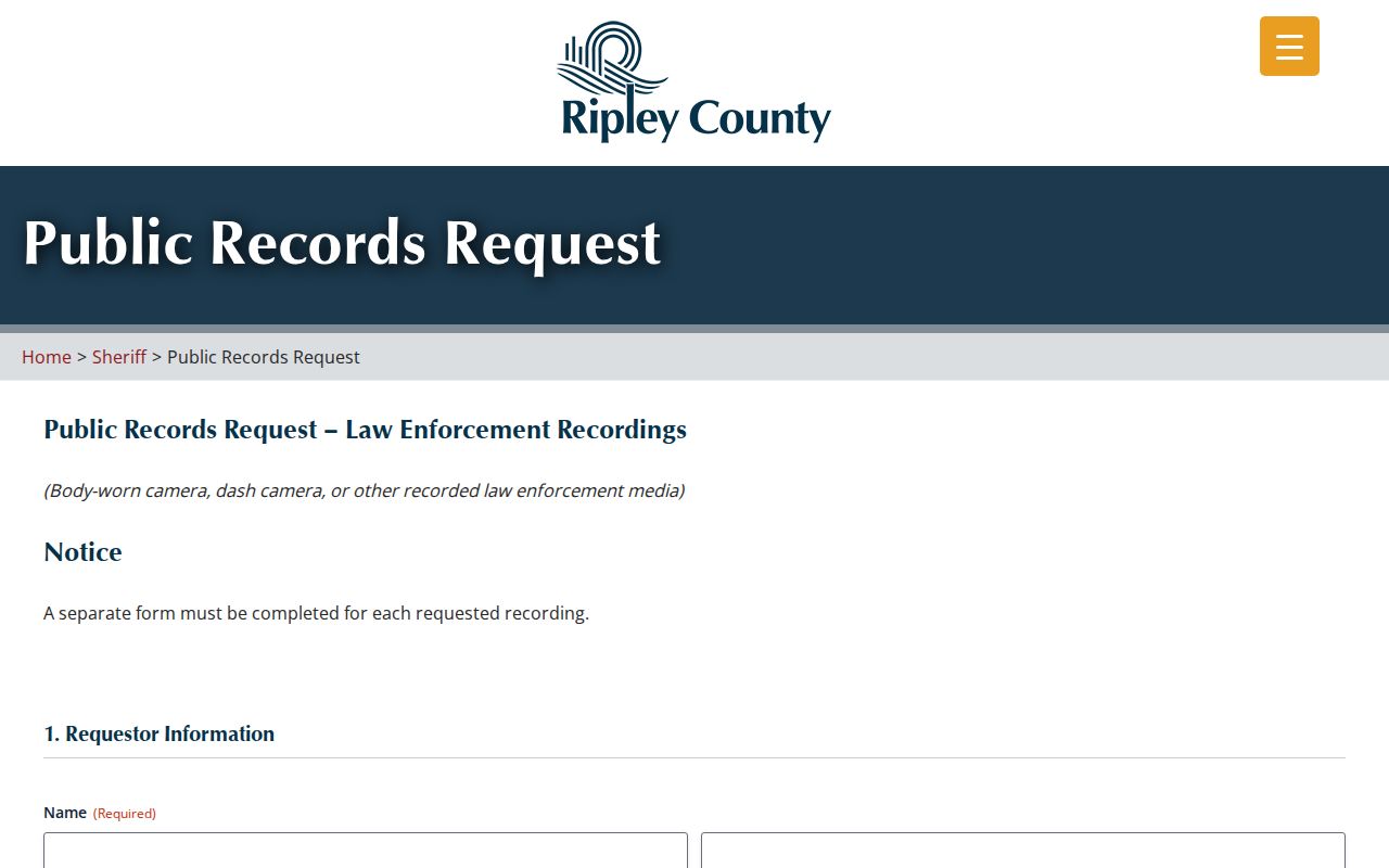 Ripley County Sheriff APRA recording request form